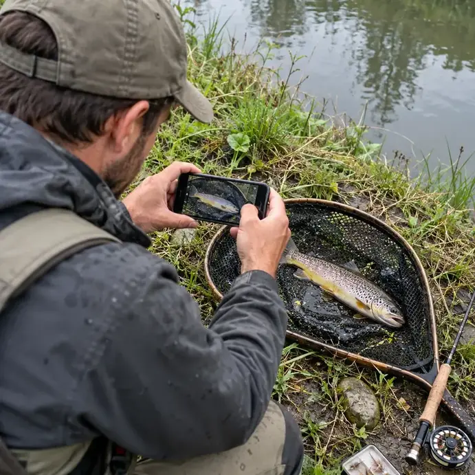 Pêcheur photographiant une capture avec son téléphone au bord de l’eau