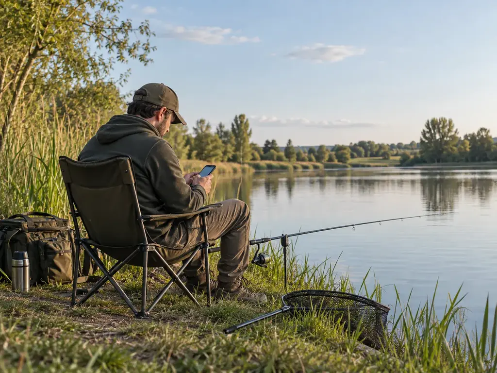 Pêcheur assis au bord d’un lac et consultant son téléphone après une session