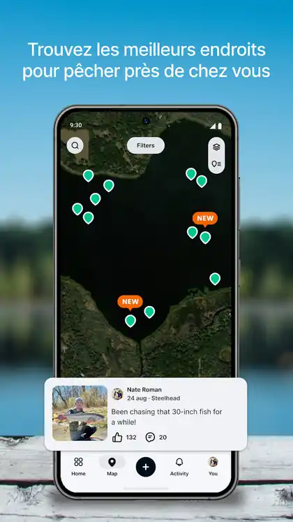 Capture d’écran Fishbrain montrant une carte de lieux de pêche