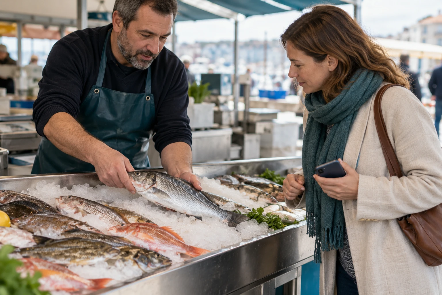 Illustration d’un échange entre un client et une poissonnière devant un étal de poissons
