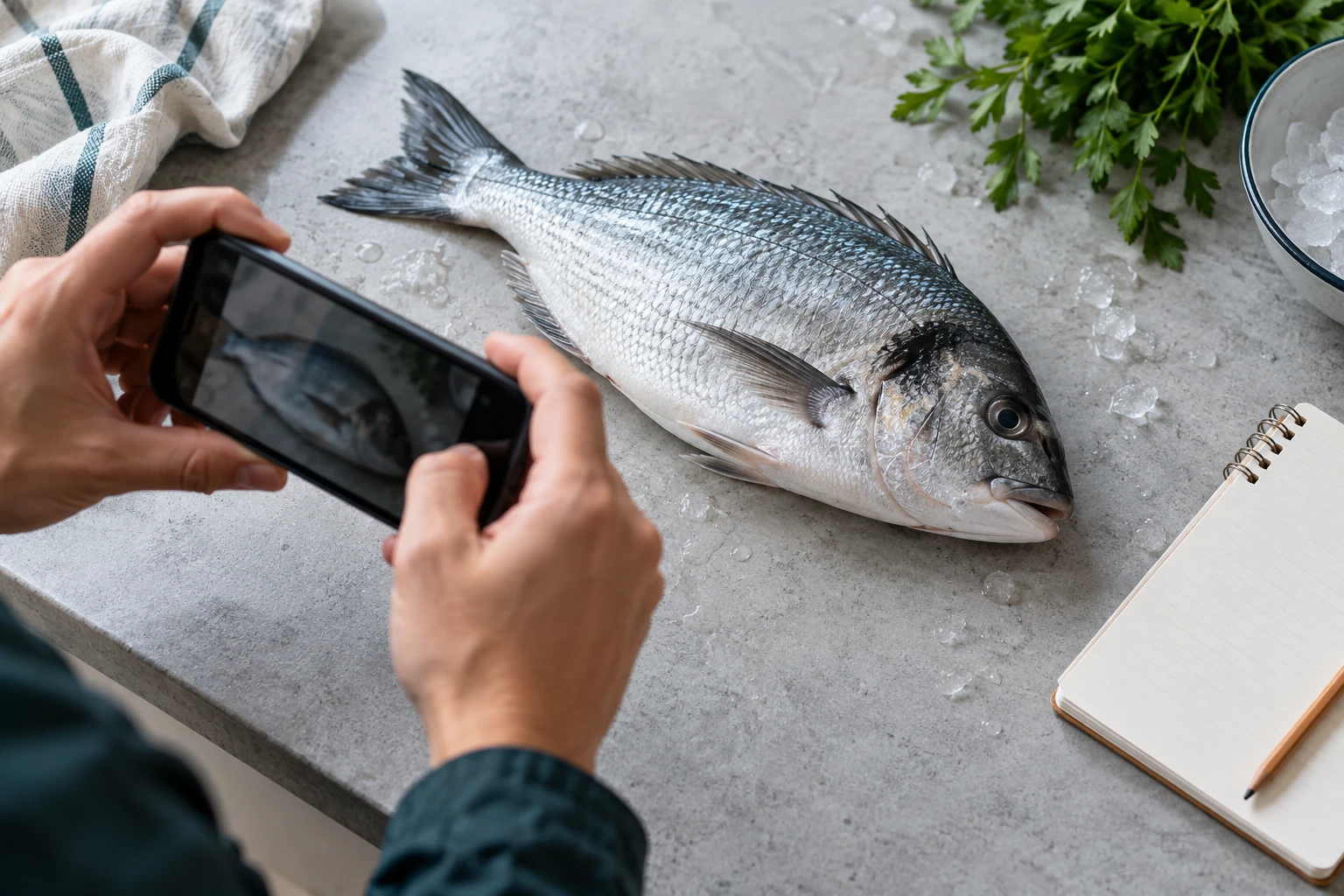 Illustration d’un poisson entier photographié avec un téléphone pour observer ses détails